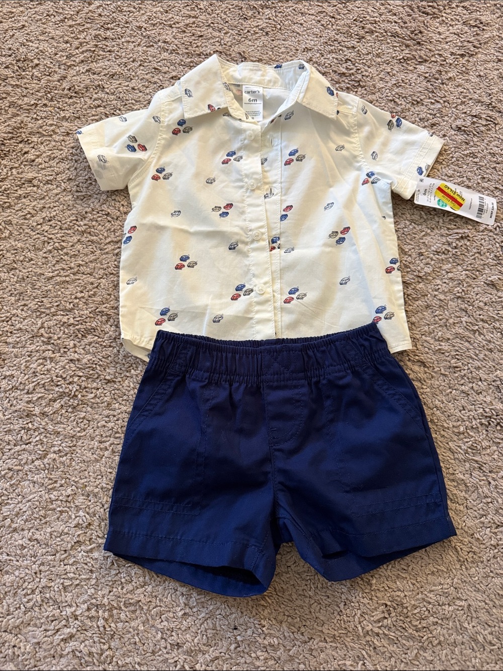 Carter's White Short-Sleeve Button Shirt with Navy Car Print